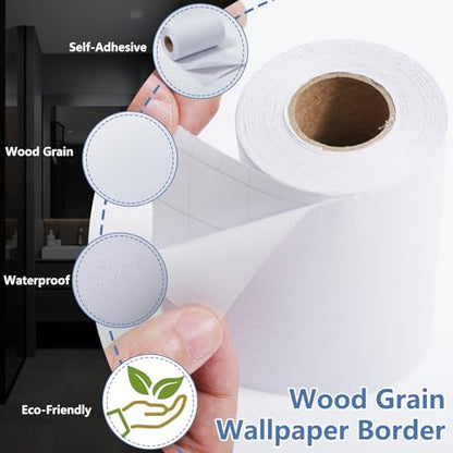 WADILE 32.8ft White Wood Grain Wallpaper Border Mirror Frame Removable Waterproof, Peel and Stick Wall Paper Border Decor Self Adhesive, Kitchen Bathroom Sticker
