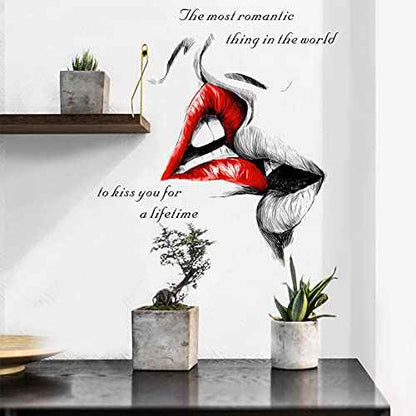 COKOYY Sexy Red Lips Kiss Wall Decals, Kiss You for a Lifetime Quotes Wall Stickers, Kissing Lips Fashion Silhouette Mural, Removable DIY Vinyl Decor Wallpaper for Bedroom, Living Room, TV Wall