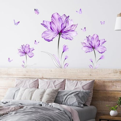 Purple Flower Butterfly Wall Stickers Removable Peel and Stick Murals Wall Decals for Living Room Bedroom Door Aisle Sofa TV Backdrop Wall Home Decor(Purple Flowers)