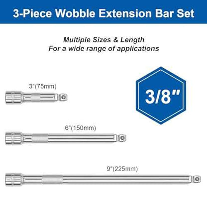 3 Pieces 3/8 Inch Drive Wobble Extension Set Includes 3 6 9 Inch Extensions Premium Chrome Vanadium Steel with Mirror Finish