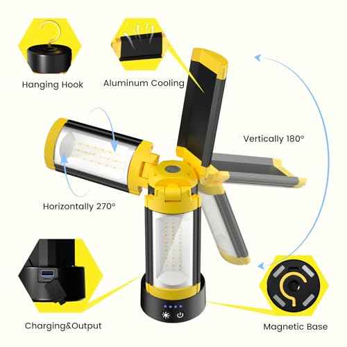 LHOTSE Rechargeable Camping Light with Stand, 83" Tall Portable 3000 Lumens Cordless Work Light with 3 LED Lamps Head & Detachable Tripod, 9AH Battery LED Work Light Dimmable with Travel Bag