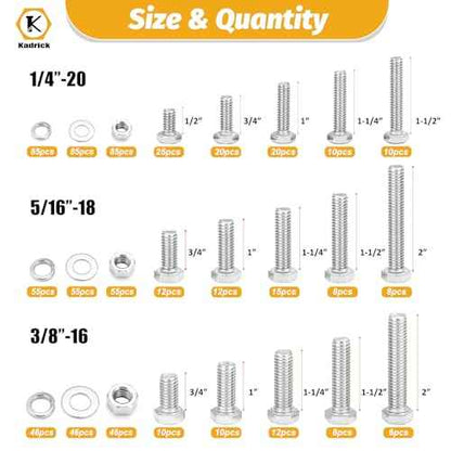 Kadrick 744Pcs 18-8(304) Stainless Steel Hex Bolts Assortment,1/4-20 5/16-18 3/8-16 Heavy Duty Bolts and Nuts Kit, Assorted SAE Bolts Nuts Flat&Lock Washers,Lenth Form 1/2''-2''