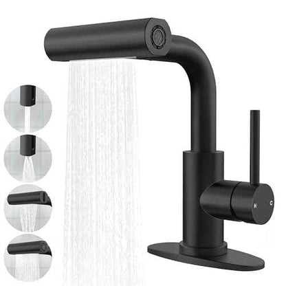 Matte Black Bathroom Sink Faucet with Pull Down Sprayer - 4 Mode Single Handle Vanity Faucet Waterfall Bathroom Faucet with Pull Down Sprayer (No Drain)