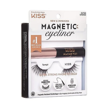 KISS Magnetic Eyeliner & Lash Kit, Tempt, 1 Pair of Synthetic False Eyelashes With 5 Double Strength Magnets and Smudge Proof, Biotin Infused Black Magnetic Eyeliner with Precision Tip Brush