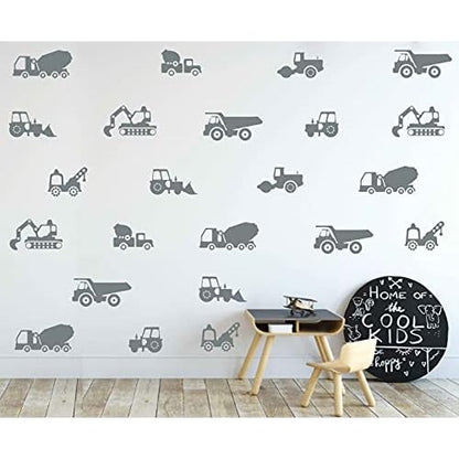 Construction Vehicles Wall Stickers The Builder Collection Tractor Excavator Cars Nursery Decals Baby Decor YT5319 (Grey)
