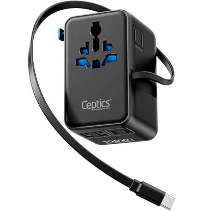 Ceptics GAN 100W Universal Travel Adapter with Retractable USB-C Cable, 2X USB-A & C, Universal Input and 1x USA/JP Input, 7 in 1 Universal Adapter for Worldwide Travel - Type A, C, G, I Output