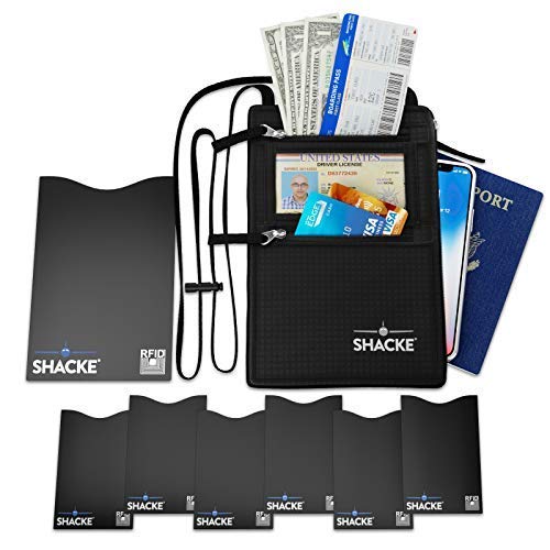 Shacke Neck Wallet Travel Pouch with RFID Blocking (6 Credit Card + 1 Passpord RFID Pouch)