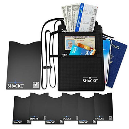 Shacke Neck Wallet Travel Pouch with RFID Blocking (6 Credit Card + 1 Passpord RFID Pouch)