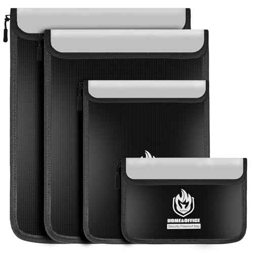 4 Pack Fireproof Document Bags, Waterproof Document Pouch Holder with Zipper, Fire Proof Money Bag for Cash, Fireproof Envelope Fire Safe Bag, Fire Resistant Storage for Legal/A4 Size (Black)