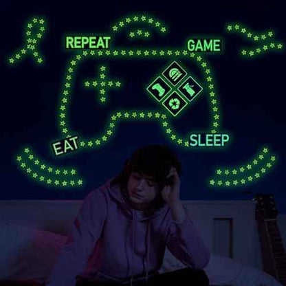 Glow in The Dark Neon Game Wall Stickers, EAT Sleep Game Repeat Wall Decals, Luminous Stars Gaming Boy Room Decor, Kids Bedroom Playroom Nursery Party Decorations