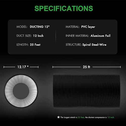 HealSmart 12" 25 Ft Aluminum Ducting Flexible, Heavy-Duty Four-Layer Protection with 2 Duct Clamps, Dryer Vent Hose for Heating Cooling Ventilation and Exhaust Fan