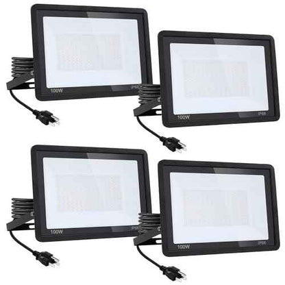 4Pack-100W LED Flood Light Outdoor,11000lm LED Work Light with 6FT US Plug,IP66 Waterproof Exterior Security Lights,6000K Daylight White Outside Floodlights Slim Design for Playground Yard Stadium