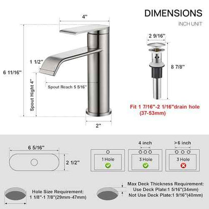 GAGALIFE Bathroom Faucet 1 Hole, Brushed Nickel Bathroom Sink Faucet with Metal Pop-up Drain Supply Lines and Deck, Modern Waterfall Bathroom Faucets Single Handle, JJL-MP-7001BN