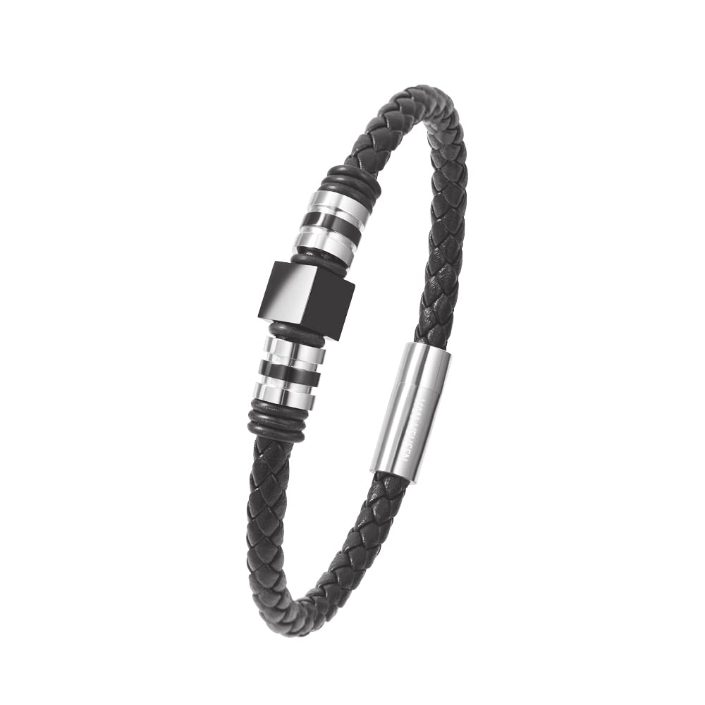 Van Heusen Men Braid Leather Bracelet with Stainless Steel Ornaments (Black, Stainless Steel)