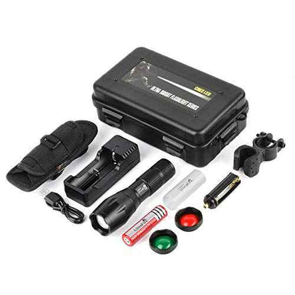ULTRAFIRE A100 Tactical Flashlight, 800 Lumens 5 Modes LED Zoomable Hunting Flashlight Torch with Duty Belt Flashlight Holster, Red/Green/White Exchange Glass