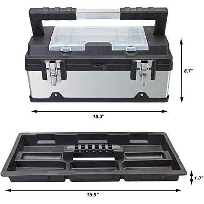 Road Dawg ROAD DAWG A5519BD Torin 18" Stainless Steel Portable Storage Tool Box Organizer with Metal Lock, Clear Lid Compartments, and Removable Tray - Stainless Steel/Black