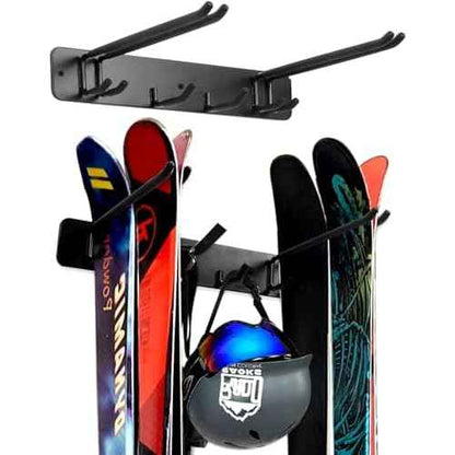 Wall Mount Ski Storage Rack,Garage Snowboard Storage Organizer 4 Pairs Metal Hooks Indoor Outdoor System Organization (Black 1pack)