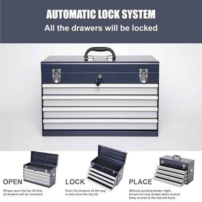 21-Inch Metal Tool Box with 4 Lockable Drawers, Portable Tool Chest Organizer for Mechanics & DIY | Auto-Locking System, Smooth Ball Bearing Slides, Durable Powder Coated Finish | EVA Padding