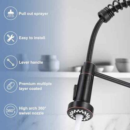 DJS Kitchen Faucets with Pull Down Sprayer Oil Rubbed Bronze -High Arc Single Handle 1 or 3 Holes Spring Kitchen Sink Faucet with Deck Plate for Farmhouse RV Vessel Basin