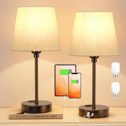 Brown Bedside Lamps for bedrooms Set of 2 - Nightstand Bedroom Lamp with USB C Port and AC Outlet Charging, 3 Way Dimmable Touch Control Small Bed Side Table Lamp, Nightstand Light for Kids
