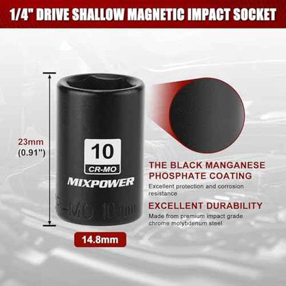 MIXPOWER 1/4" Drive Shallow Magnetic Impact Socket, 6 Point, 10mm, Metric, CR-MO