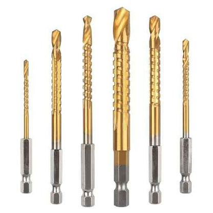 6 Pack Titanium Coated HSS Twist Drill Bit, 3-8mm Hex Shank Serrated Cutting Drill Bit Woodworking Tools for Wood Metal Plastic Hole
