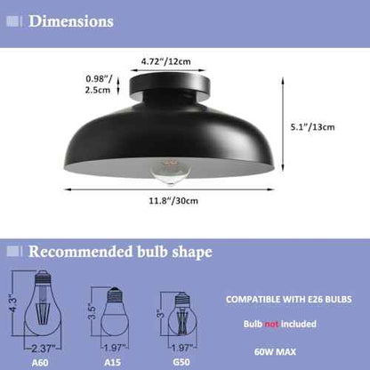 DIRYZON 12-Inch Industrial Ceiling Light Fixture,Black Bedroom Ceiling Light,Metal Ceiling Lighting for Hallway Kitchen
