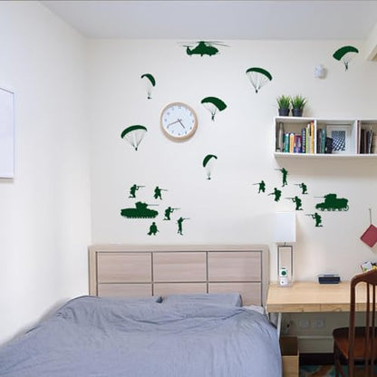 PLIGREAT 20 Pcs Parachutes Tanks Soldiers Wall Stickers, Peel and Stick Wall Decals, DIY Art Decor Removable Vinyl Military Green Walls Stickers for Living Room Bedroom Paly Room Home Decorations