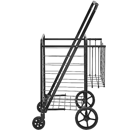 VEVOR Shopping Cart, 110 lbs Large Load Capacity, Folding Grocery Shopping Cart with 360° Swivel Wheels, Double Baskets, Locking Latch, Heavy Duty, Easy Installation, for Laundry, Luggage Camping