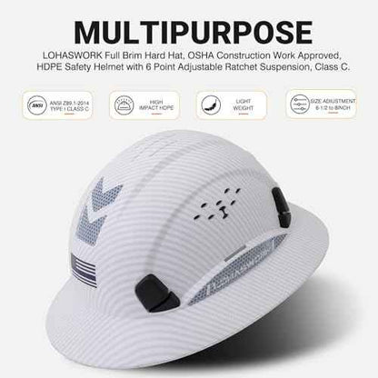 Full Brim Hard Hat, OSHA Construction Work Approved, ABS Safety Helmet with 6 Point Adjustable Ratchet Suspension Industrial Work