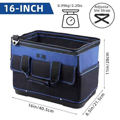 Tool Bag 16'', Multi-pocket Tool Organizer with Water Proof Plastic Base, Heavy Duty Tote with Shoulder Strap for Tool Storage, Black & Blue