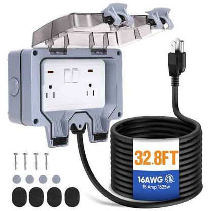 Outdoor Power Outlet,Outdoor Extension Cord Waterproof Double Wall Outlet Extender with On-Off Switch and Indicator Light£¬Exterior Electric External Power Outlet,Outside Outlet (32.8FT)