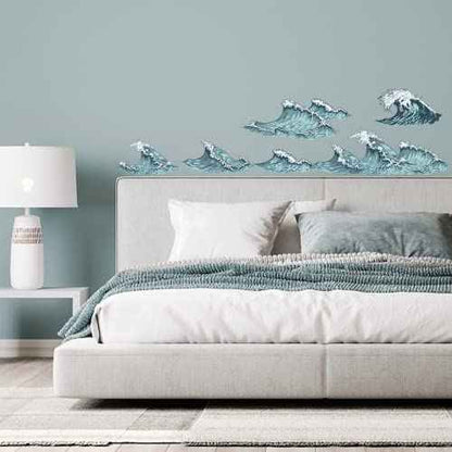 PLIGREAT 6 Pcs Blue Ocean Sea Waves Wall Stickers, Removable Vinyl Peel and Stick Wall Decals for Bathroom Nusery Bedroom Playroom Wall Decoration Home Indoor DIY Wall Art Decor Bathtub Decals
