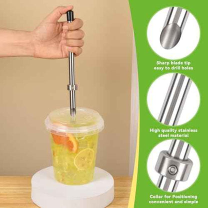 5 Pack Straw Puncher, lemonade stand supplies kit with straw puncher for plastic lids, muddler for lemonade and cocktails, reusable lemonade cups