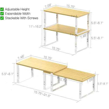 Adjustable Storage Shelves for Kitchen Cabinet Organization - Set of 2 Stackable Metal & Engineered Wood Racks, Space-Saving Design for Countertop/Pantry/Garage, Easy Assembly(2 Packs/Large/White)