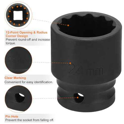 HARFINGTON 12-Point Impact Socket 1/2 Inch Drive 24mm Metric Cr-V Shallow Impact Socket Nut Driver Wrench for Auto Repair