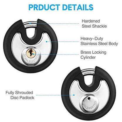 Chumia 4 Pack 70 mm Keyed Alike Padlocks Outdoor Round Stainless Steel Discus Pad Lock with Keys for Storage Unit, Sheds, Garages and Fence, Rubber Bumper Sheath (Black)