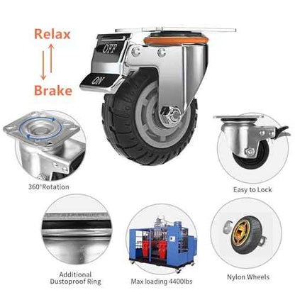 5 inch Caster Wheels with Brake 2200lbs,Heavy Duty Casters Set of 4 for Cart, Trolleys, Furniture and Workbench(2PCS Fixed Caster Wheels 2PCS Locking Swivel Casters)