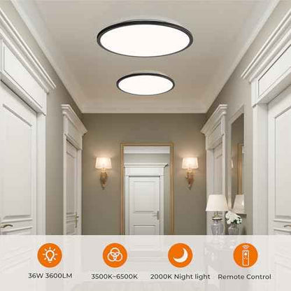 Matane 15.4in LED Flush Mount Ceiling Light Fixture with Remote, 2000K Warm Nightlight, Dimmable 3000K-6500K Low Profile Ceiling Lights for Bedroom, Living Room, 3600LM Black
