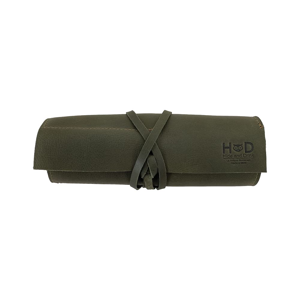 Hide & Drink, Rustic Leather Pencil Roll Pouch, Multi-Purpose Storage Wrap for Scissors, Earphones, Organizer for Craft, Work, Handmade (Dark Jade)