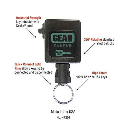 Lucky Line HIGH Force Gear Keeper, Industrial Strength Key Retractor with 42" Kevlar Cord, Clip-On, 1 per Pack (47301), Black, HIGH Force - Holds 15-28 Keys or 12 oz