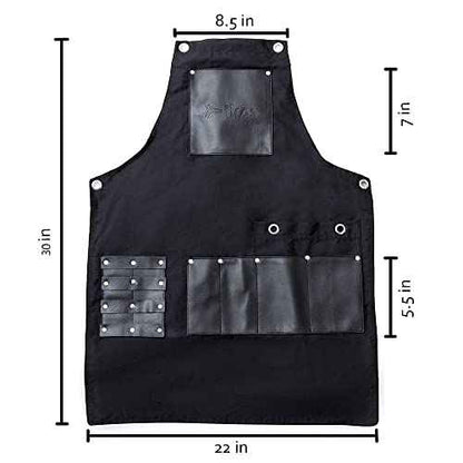 ikAS Canvas Apron for Men - Black Crossback Work Apron with Pockets - Adjustable Cotton Canvas for Hairdressers, Barbers, Artists, Cooking, Woodworking,Carpenters