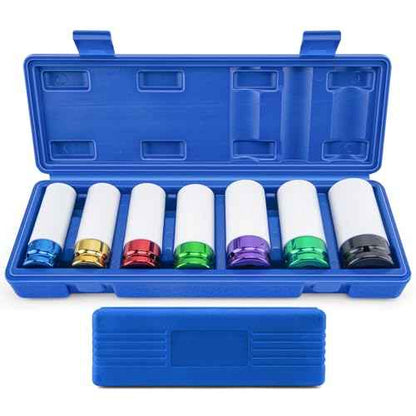 1/2" Drive Wheel Protector Impact Socket, Metric Impact Socket Tool Set, Lug Nut Impacts Socket Set-17mm, 19mm, 21mm, 22mm, 23mm, 24mm, 27mm Non-Marring Thin Wall Wheel Nut Socket