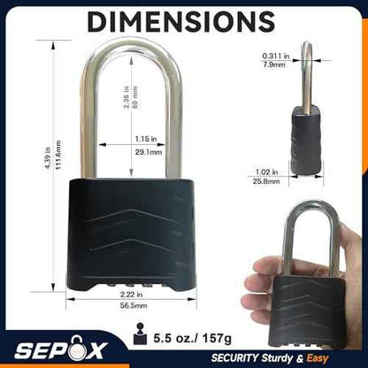 SEPOX 4PCS Large Combination Padlock, Long Shackle Outdoor Combo Lock 2.2" 55mm Heavy Duty Weatherproof, Ressetable 4Digital, Security Aluminum Body,Uncuttable Shackle, for Home, School, Gate, Garden