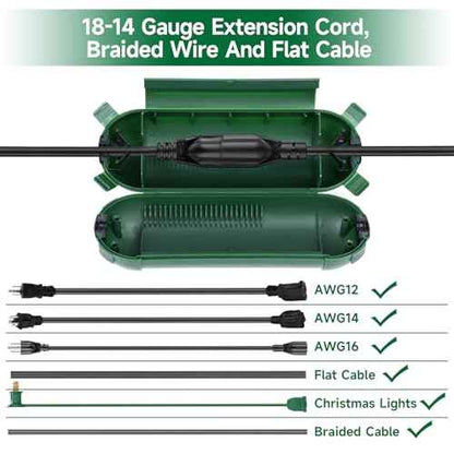 16 Pack Outdoor Extension Cord Safety Cover, IP44 Waterproof,Adjustable Compartment, Safety Housing Case, Electrical Connection Box for Power Tools, Holiday Decorative Lights, Plugs, Sockets, Green