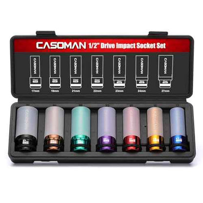 CASOMAN 7PCS 1/2" Drive Deep Lug Nut Impact Socket Set, Non-marring & Thin Wall Wheel Protector, Color-Coded, 85mm Length, 6 Point, Metric, CR-MO