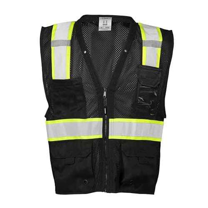 Kishigo Black Enhanced Visibility Men's Vest B100, Multi Pocket Mesh Hi-Vis Vest, Ultra-Cool Polyester, 6 Pockets, Zipper