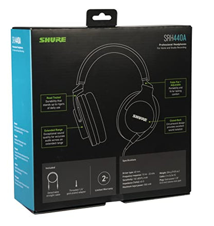 Shure SRH440A Professional Over-Ear Wired Studio Headphones – Monitoring & Recording Headphones with Enhanced Frequency Response, Adjustable & Collapsible Design, Works with All Audio Devices, Black