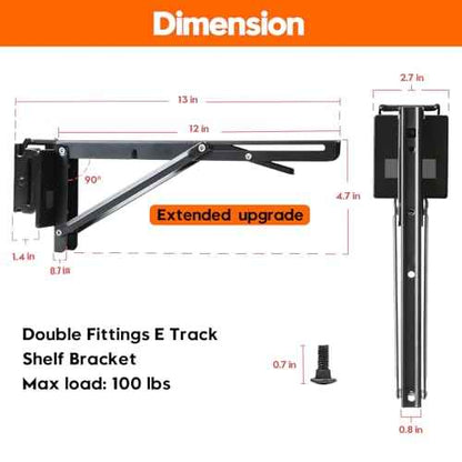 12 Inch Double Fittings E Track Shelf Bracket - Durable Hinged Collapsible Table Brackets - 4 Pack Black Powder Coating E-Track Accessories for etrack Workbench Shelves