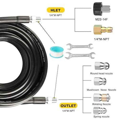 Pressure Washer Drain Jetter ? Sewer Jetter Kit for Pressure Washer 100ft 1/4 Inch NPT Hose Nozzles and Adapter 5800PSI Clears Clogs in Pipes & Sewer Lines